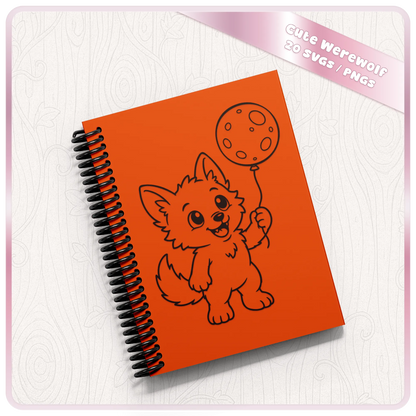 Cute werewolf SVG design holding a moon balloon shown on an orange spiral notebook, ideal for Cricut, printing and Halloween crafts.
