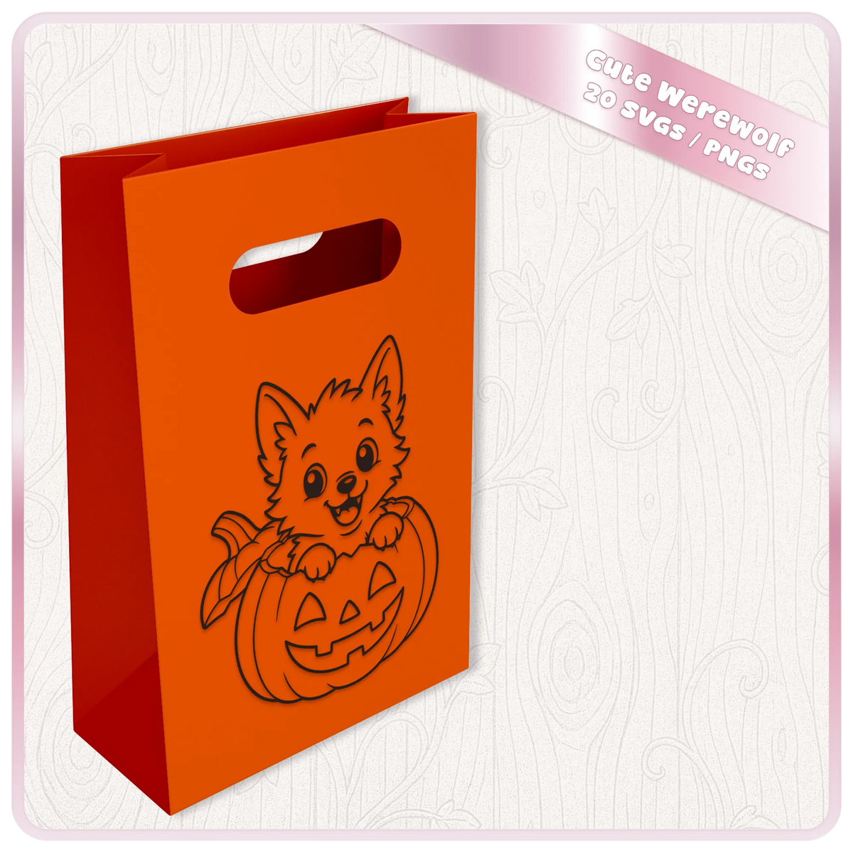 Cute Halloween werewolf SVG peeking from a jack-o-lantern pumpkin on an orange gift bag, part of a 20 SVG and PNG clipart bundle.