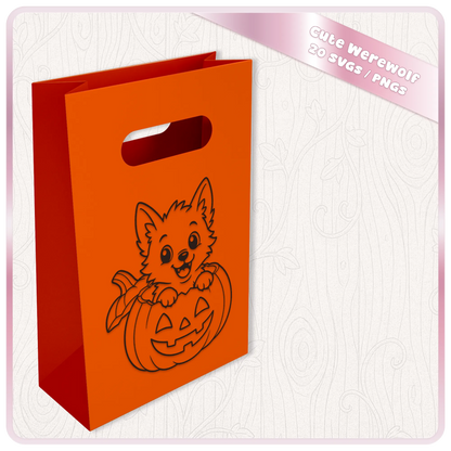 Cute Halloween werewolf SVG peeking from a jack-o-lantern pumpkin on an orange gift bag, part of a 20 SVG and PNG clipart bundle.