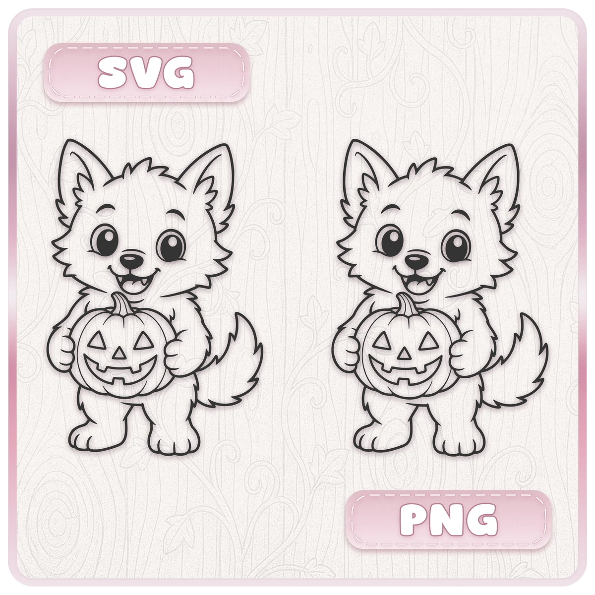 Cute werewolf holding a Halloween pumpkin shown as SVG and PNG artwork, demonstrating the digital file formats included in the bundle.