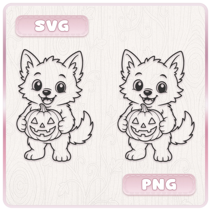 Cute werewolf holding a Halloween pumpkin shown as SVG and PNG artwork, demonstrating the digital file formats included in the bundle.