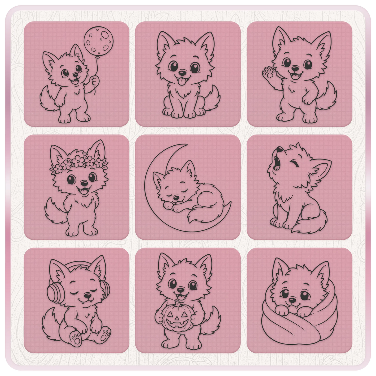 Cute werewolf SVG and PNG clipart collection featuring kawaii wolves with a balloon, flower crown, crescent moon, headphones and Halloween pumpkin.