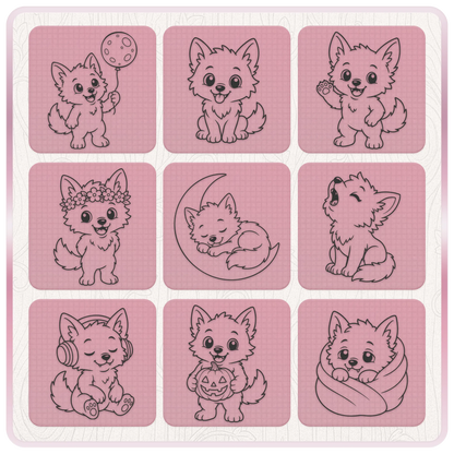 Cute werewolf SVG and PNG clipart collection featuring kawaii wolves with a balloon, flower crown, crescent moon, headphones and Halloween pumpkin.