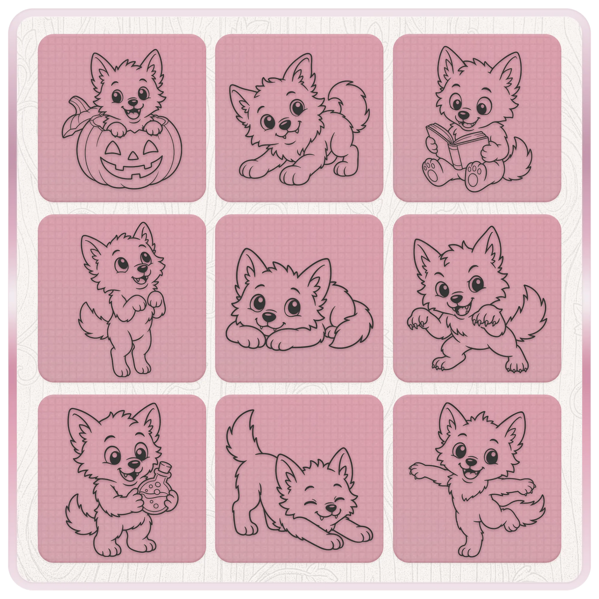 Cute werewolf SVG bundle preview featuring adorable wolf clipart reading, playing, stretching, holding a potion and sitting inside a Halloween pumpkin.