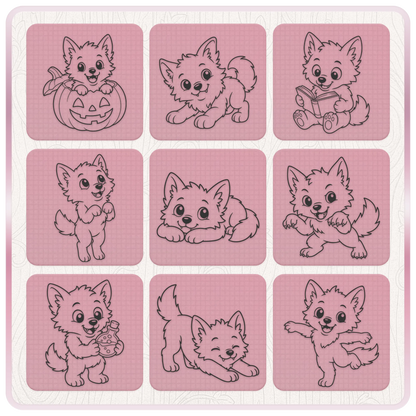 Cute werewolf SVG bundle preview featuring adorable wolf clipart reading, playing, stretching, holding a potion and sitting inside a Halloween pumpkin.