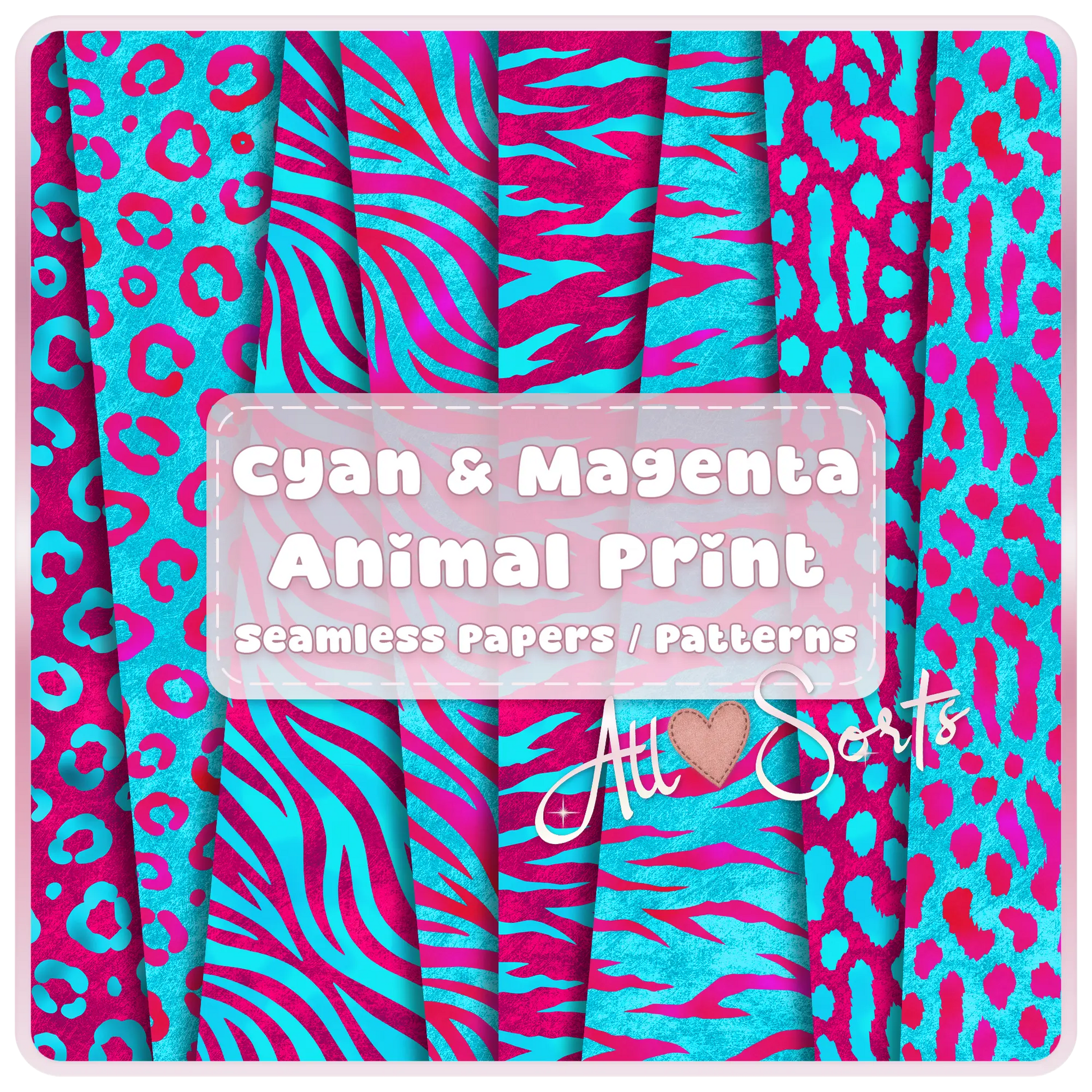 Cyan and magenta animal print seamless patterns bundle preview with zebra, leopard, and abstract designs