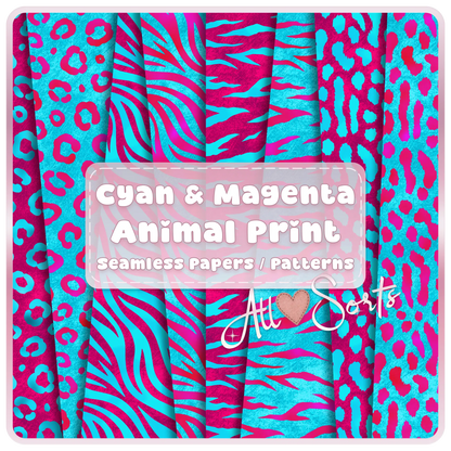 Cyan and magenta animal print seamless patterns bundle preview with zebra, leopard, and abstract designs