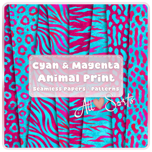Cyan and magenta animal print seamless patterns bundle preview with zebra, leopard, and abstract designs