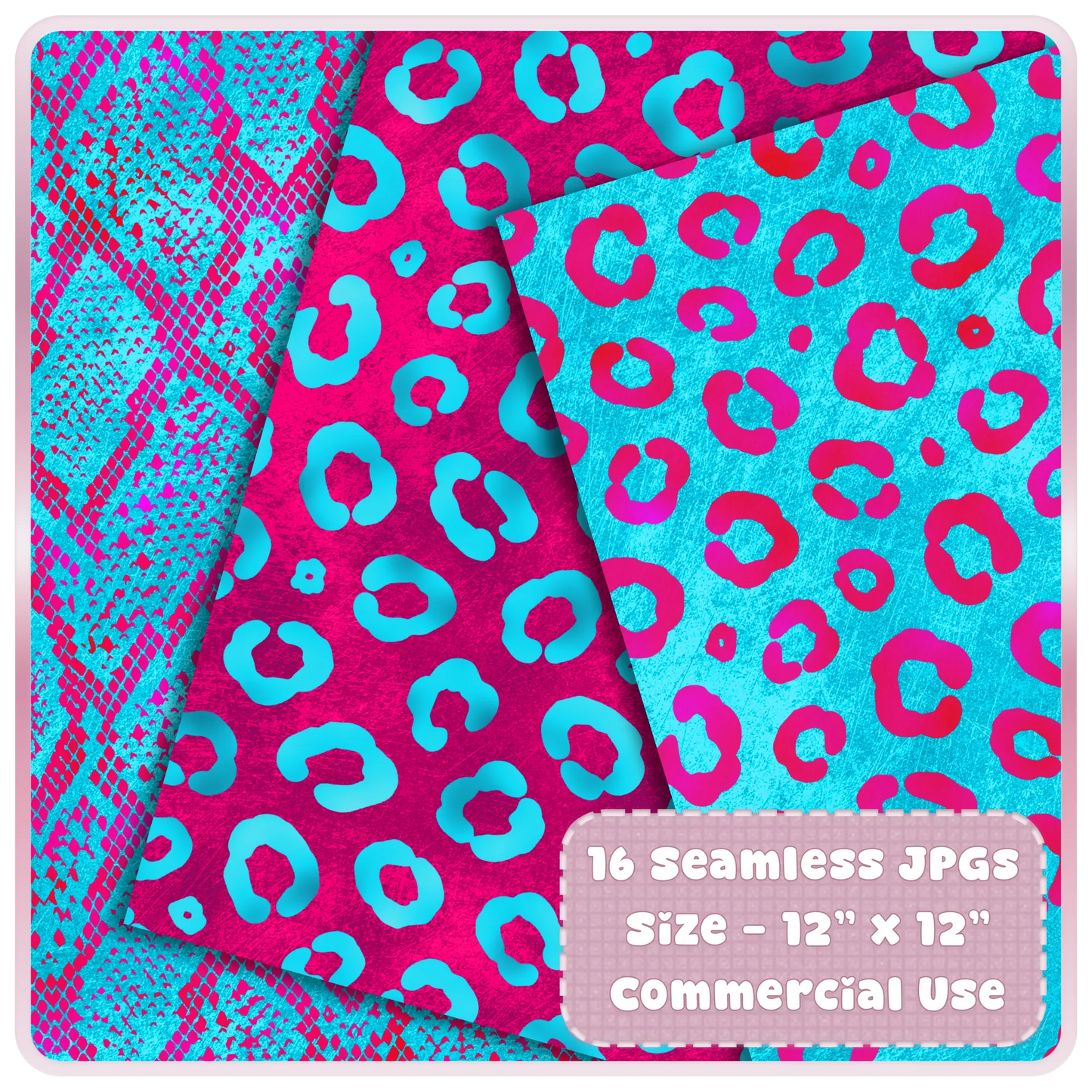 Bright neon leopard print seamless digital papers in cyan and magenta color palette close-up preview
