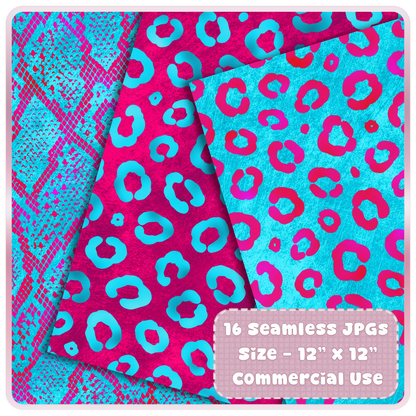 Bright neon leopard print seamless digital papers in cyan and magenta color palette close-up preview