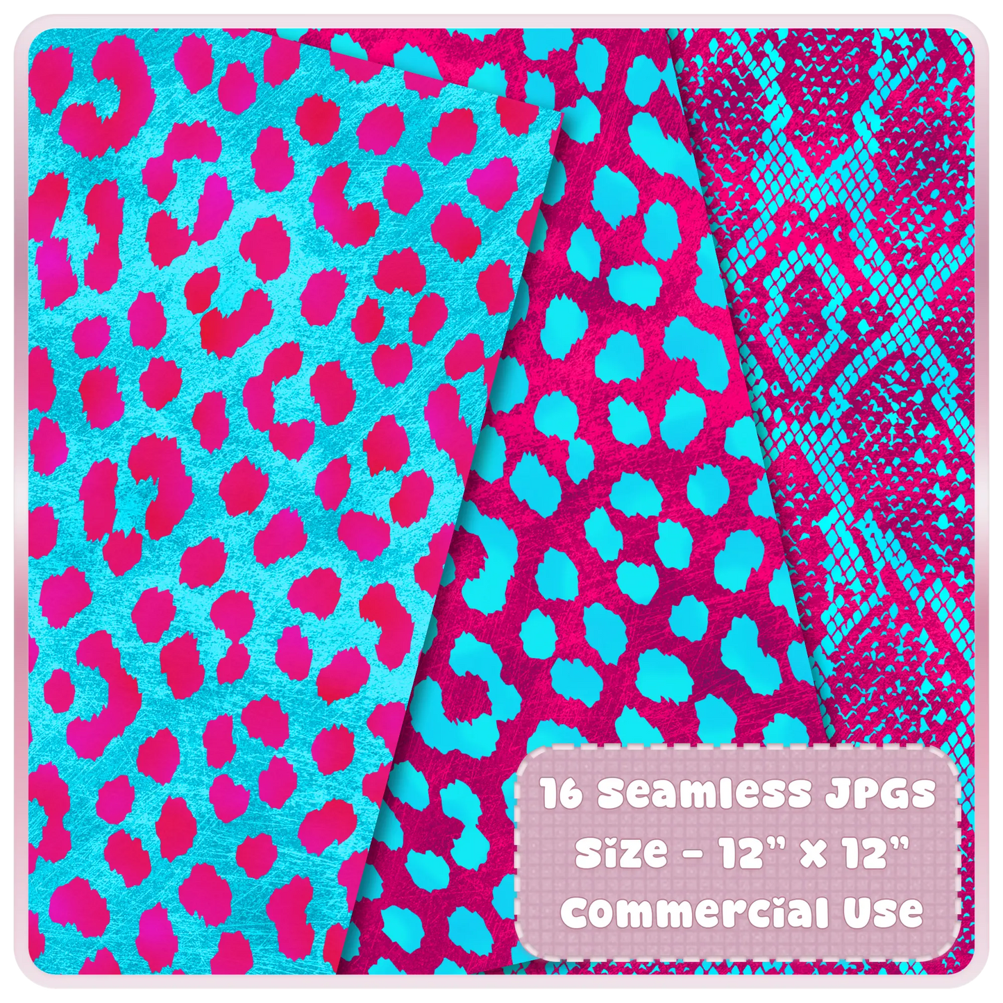 Cyan and magenta animal print seamless patterns featuring leopard spots and snakeskin textures
