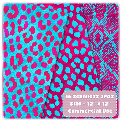 Cyan and magenta animal print seamless patterns featuring leopard spots and snakeskin textures
