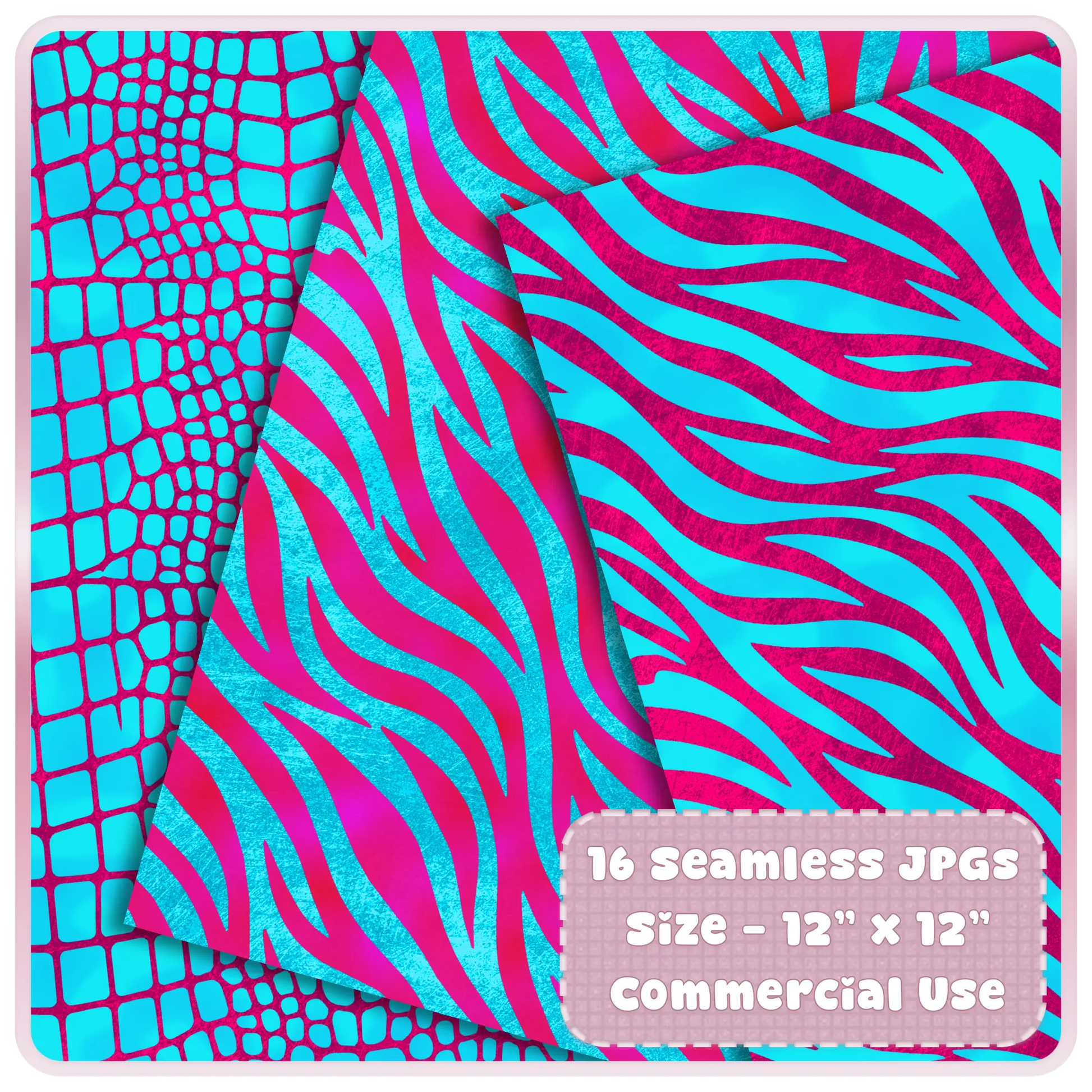 Zebra stripe and reptile texture seamless patterns in bold cyan and magenta digital paper pack