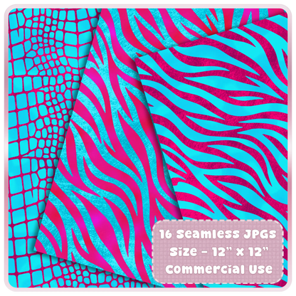 Zebra stripe and reptile texture seamless patterns in bold cyan and magenta digital paper pack