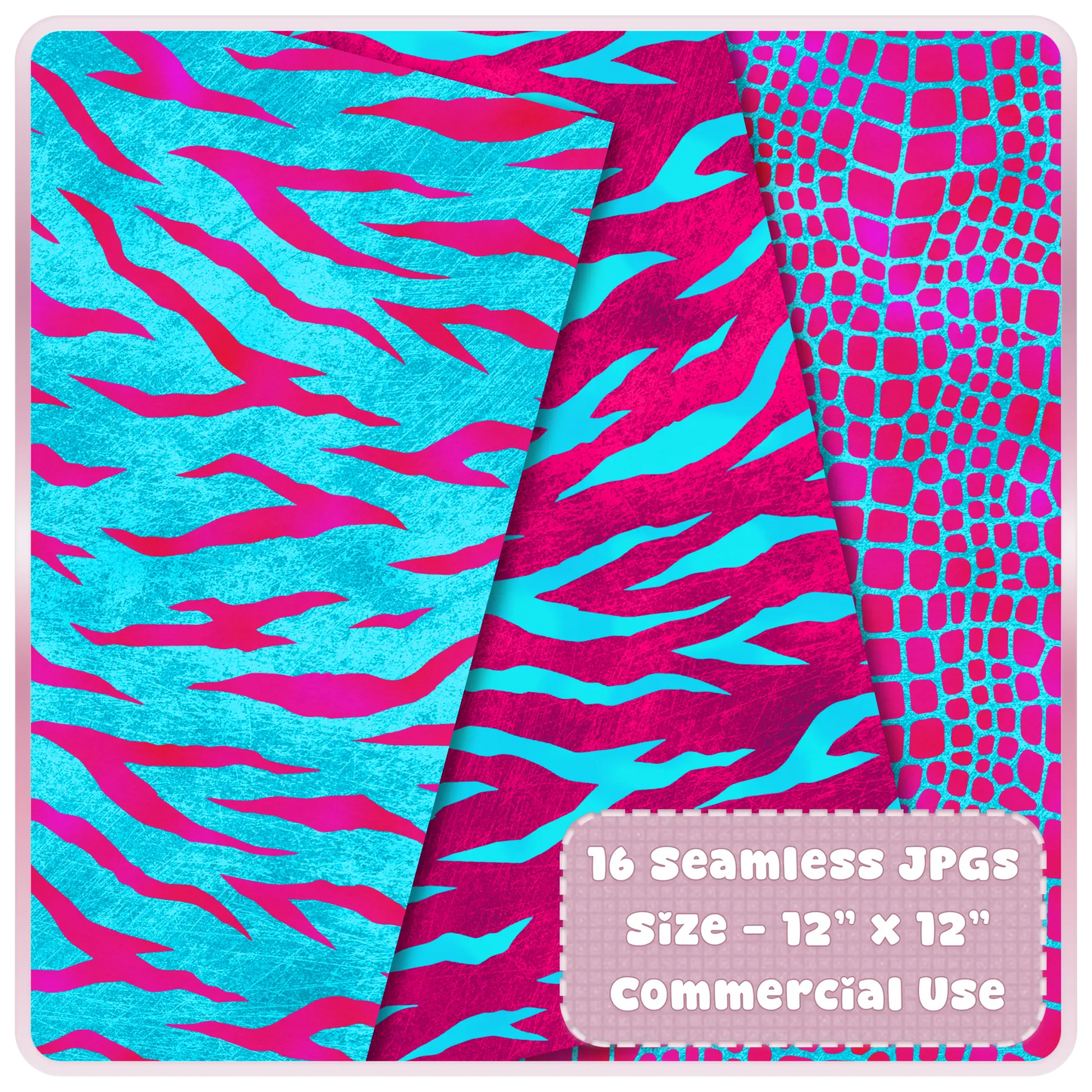 Abstract tiger stripe seamless patterns in cyan and magenta neon color scheme