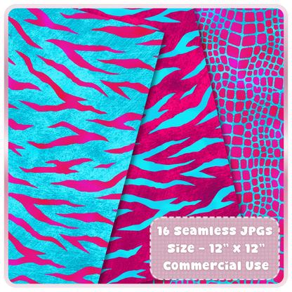 Abstract tiger stripe seamless patterns in cyan and magenta neon color scheme