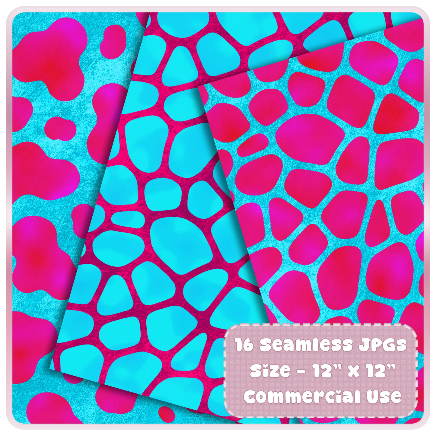 Giraffe-inspired seamless animal print patterns in vibrant cyan and magenta tones