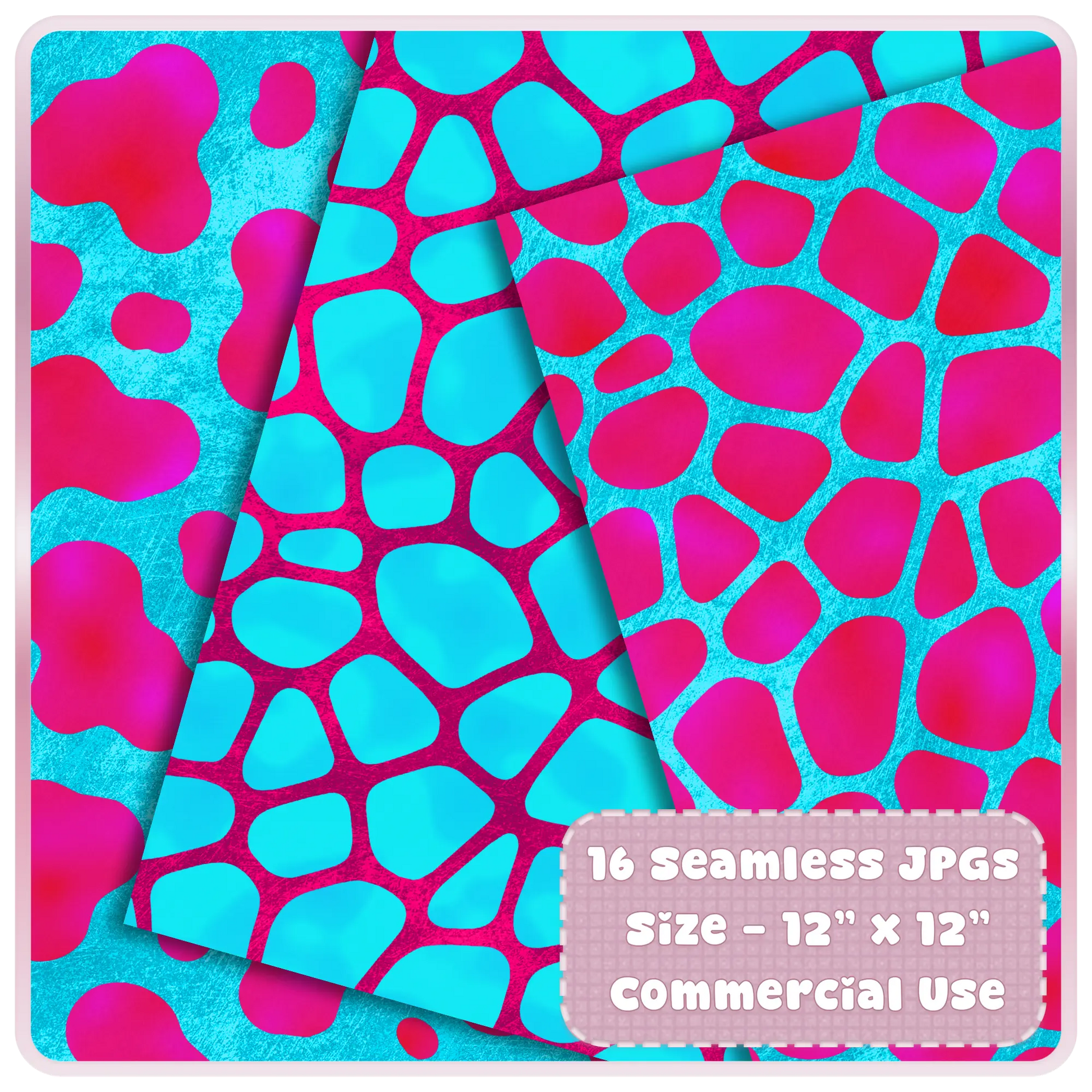 Giraffe-inspired seamless animal print patterns in vibrant cyan and magenta tones