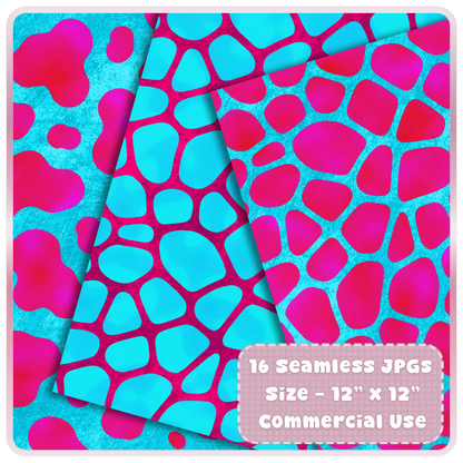 Giraffe-inspired seamless animal print patterns in vibrant cyan and magenta tones