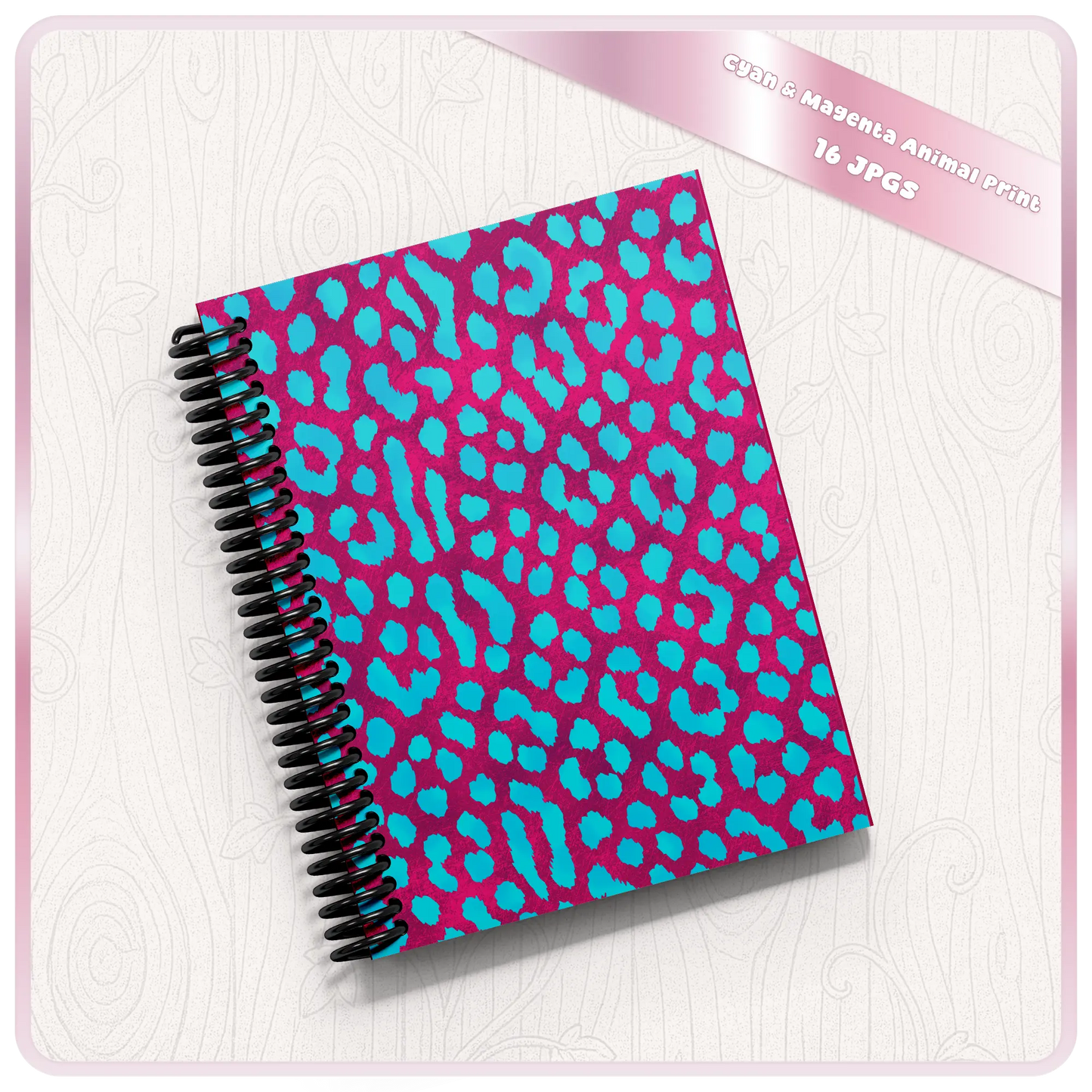 Animal print notebook cover mockup using cyan and magenta seamless leopard pattern