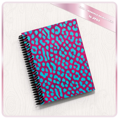 Animal print notebook cover mockup using cyan and magenta seamless leopard pattern