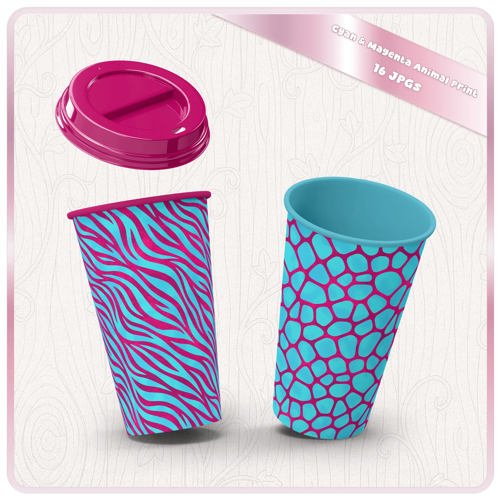 Cyan and magenta animal print seamless patterns displayed on tumbler mockups for sublimation use