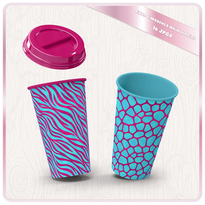 Cyan and magenta animal print seamless patterns displayed on tumbler mockups for sublimation use