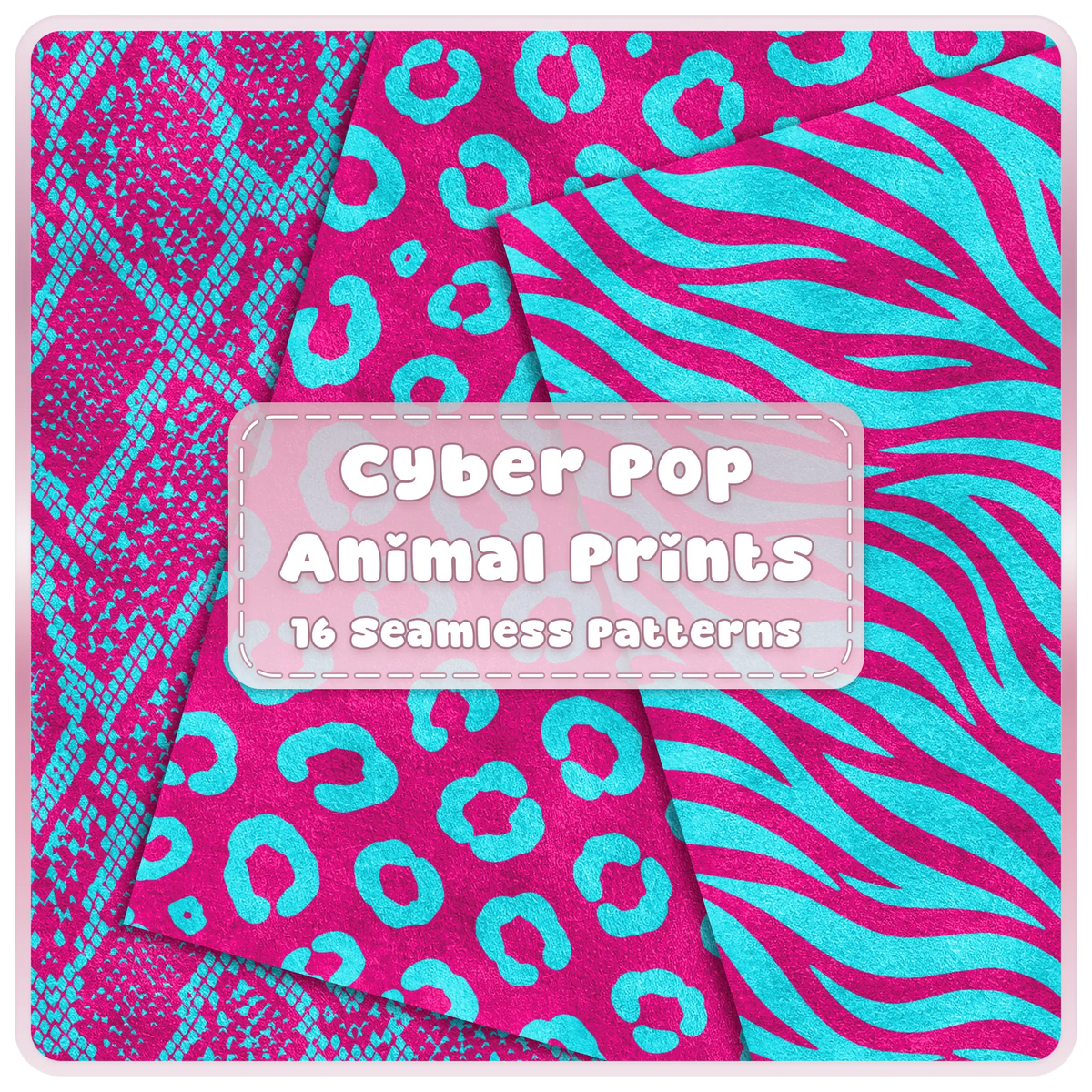 Cyber Pop cyan and magenta animal print seamless patterns featuring snake, leopard and zebra digital papers