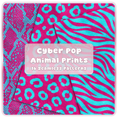 Cyber Pop cyan and magenta animal print seamless patterns featuring snake, leopard and zebra digital papers