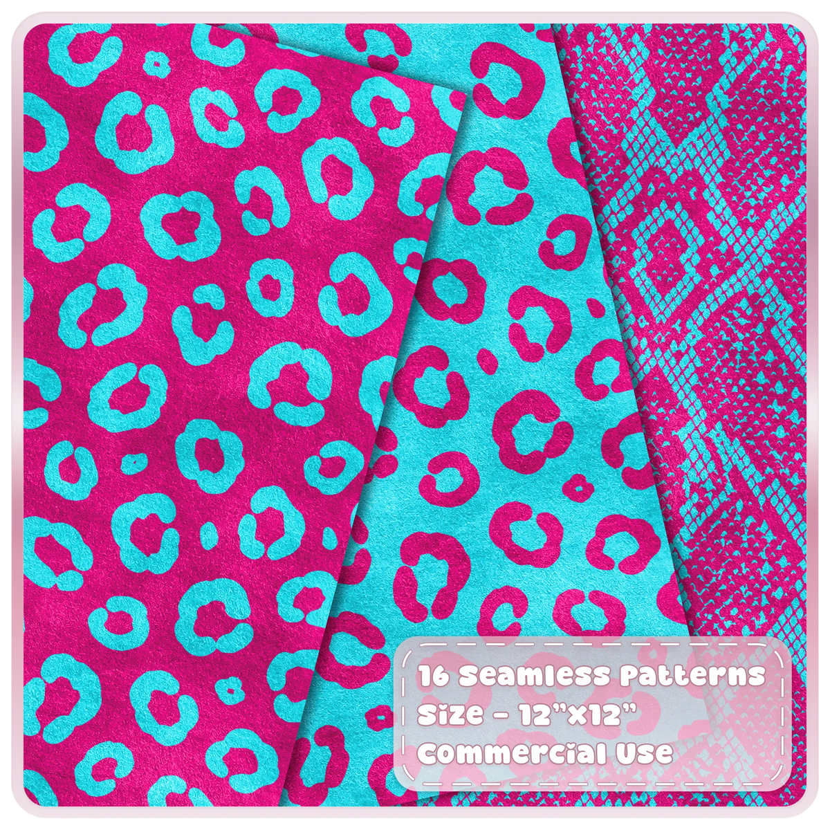 Cyan and magenta leopard print and snakeskin seamless digital papers from the Cyber Pop animal print collection
