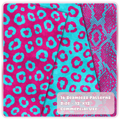Cyan and magenta leopard print and snakeskin seamless digital papers from the Cyber Pop animal print collection