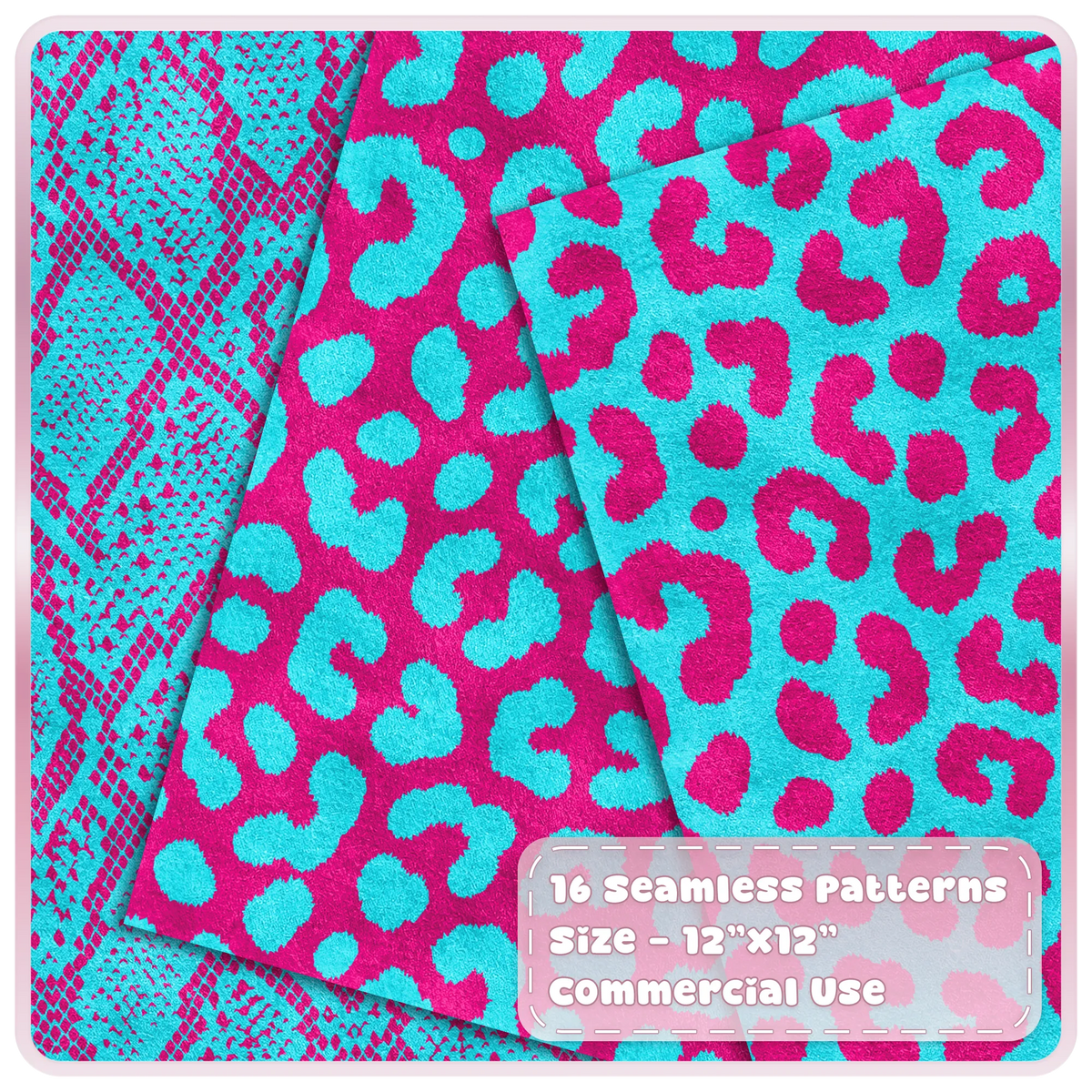 Cyan and hot pink snakeskin and leopard seamless patterns shown as layered textured animal print digital papers