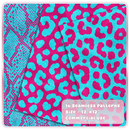 Cyan and hot pink snakeskin and leopard seamless patterns shown as layered textured animal print digital papers