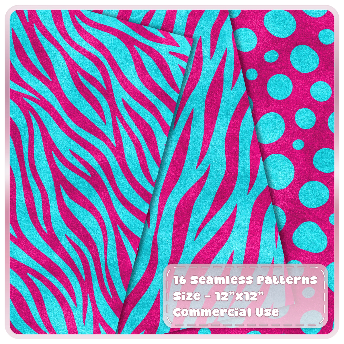 Cyan and magenta zebra stripe and spotted animal print seamless digital papers from the Cyber Pop collection
