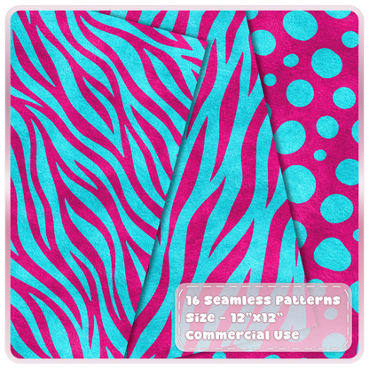 Cyan and magenta zebra stripe and spotted animal print seamless digital papers from the Cyber Pop collection