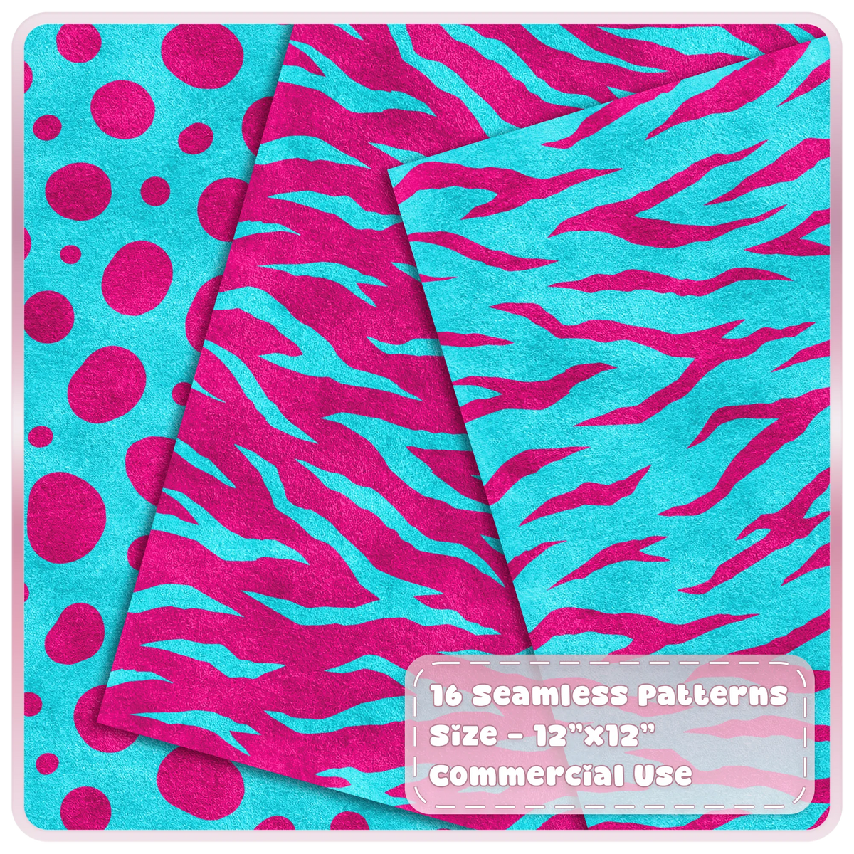 Cyan and hot pink spotted and tiger stripe seamless animal print patterns shown as layered textured digital papers