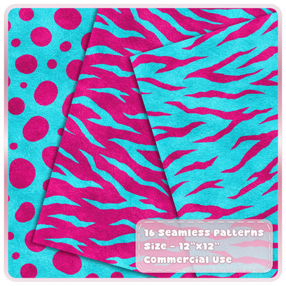 Cyan and hot pink spotted and tiger stripe seamless animal print patterns shown as layered textured digital papers