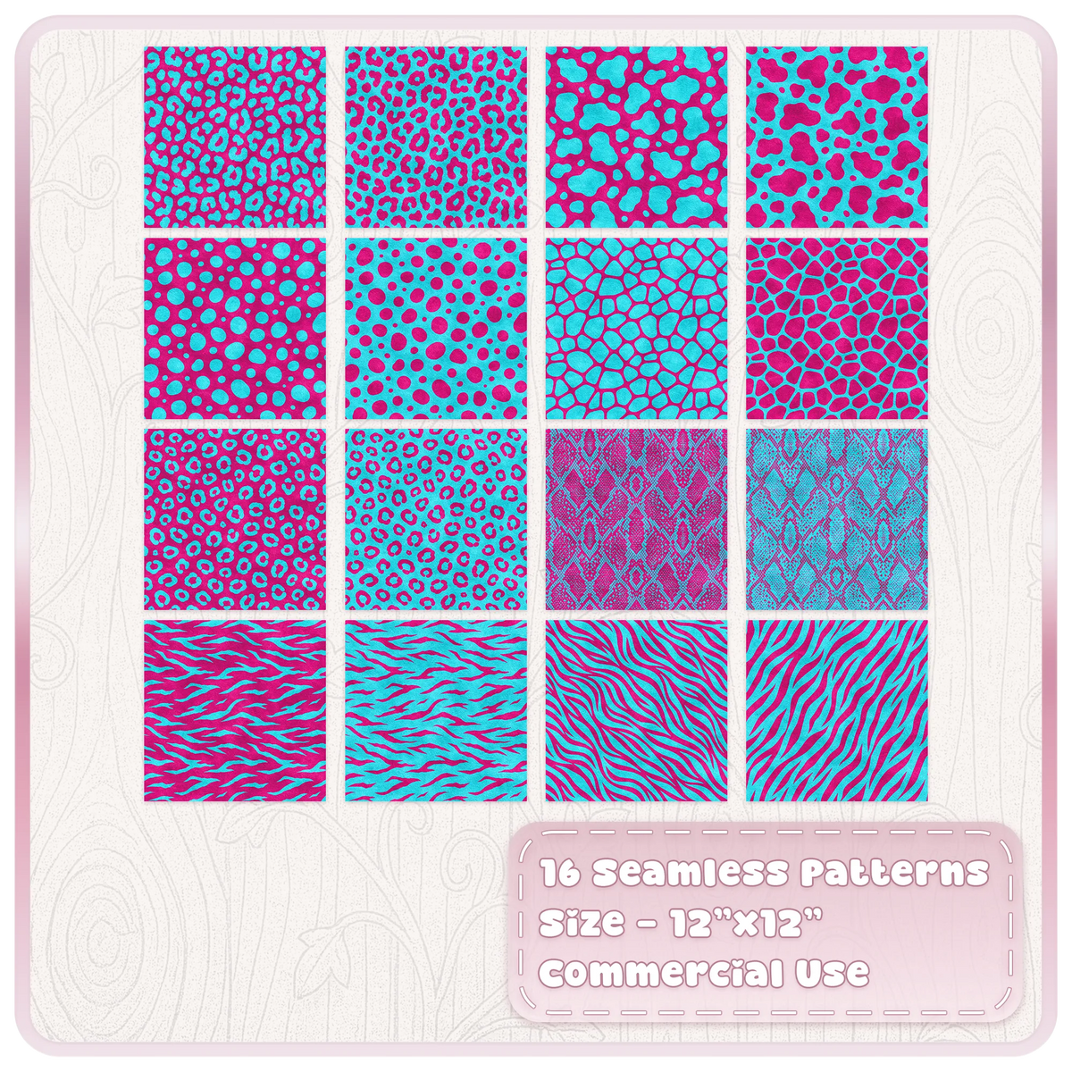 Set of 16 cyan and magenta seamless animal print papers including leopard, zebra, snake and spotted designs