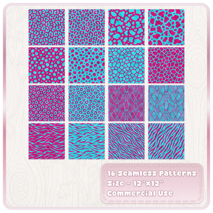 Set of 16 cyan and magenta seamless animal print papers including leopard, zebra, snake and spotted designs