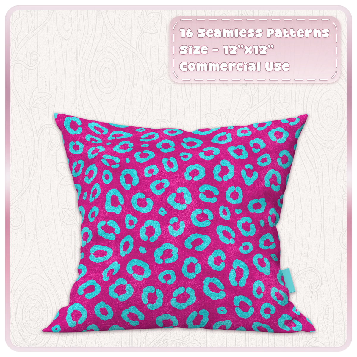 Magenta cushion mockup featuring a cyan leopard seamless pattern from the Cyber Pop digital paper collection