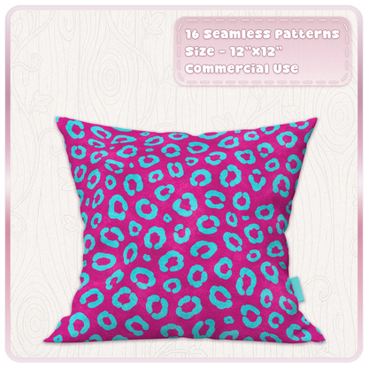 Magenta cushion mockup featuring a cyan leopard seamless pattern from the Cyber Pop digital paper collection