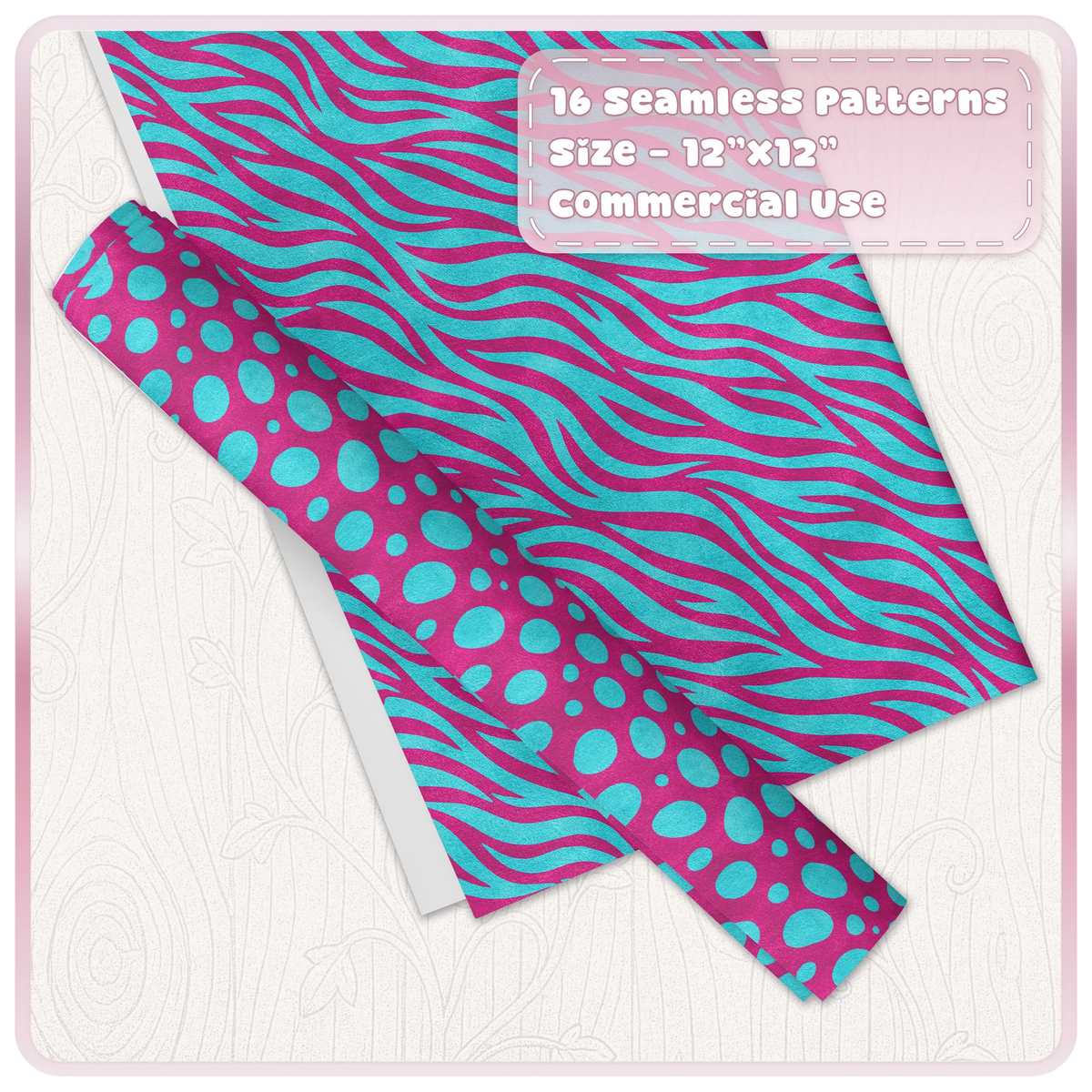 Cyan and magenta zebra and spotted animal print patterns shown on digital paper and wrapping paper mockups