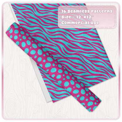 Cyan and magenta zebra and spotted animal print patterns shown on digital paper and wrapping paper mockups