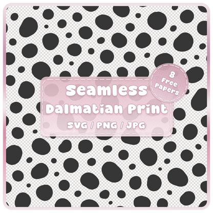 Seamless Dalmatian animal print pattern SVG PNG JPG digital download with black spots on transparent background and pink product label