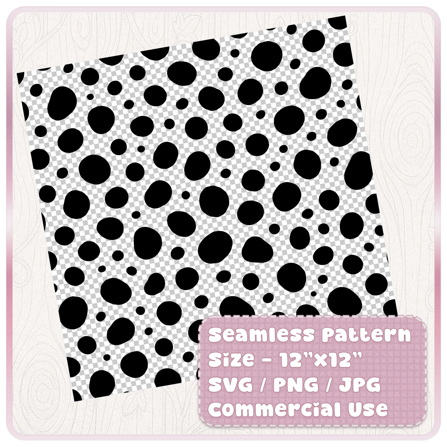 Tileable black and white Dalmatian spot seamless pattern digital paper shown on a 12 by 12 inch design sheet with SVG PNG JPG file formats