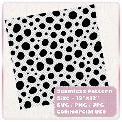 Tileable black and white Dalmatian spot seamless pattern digital paper shown on a 12 by 12 inch design sheet with SVG PNG JPG file formats