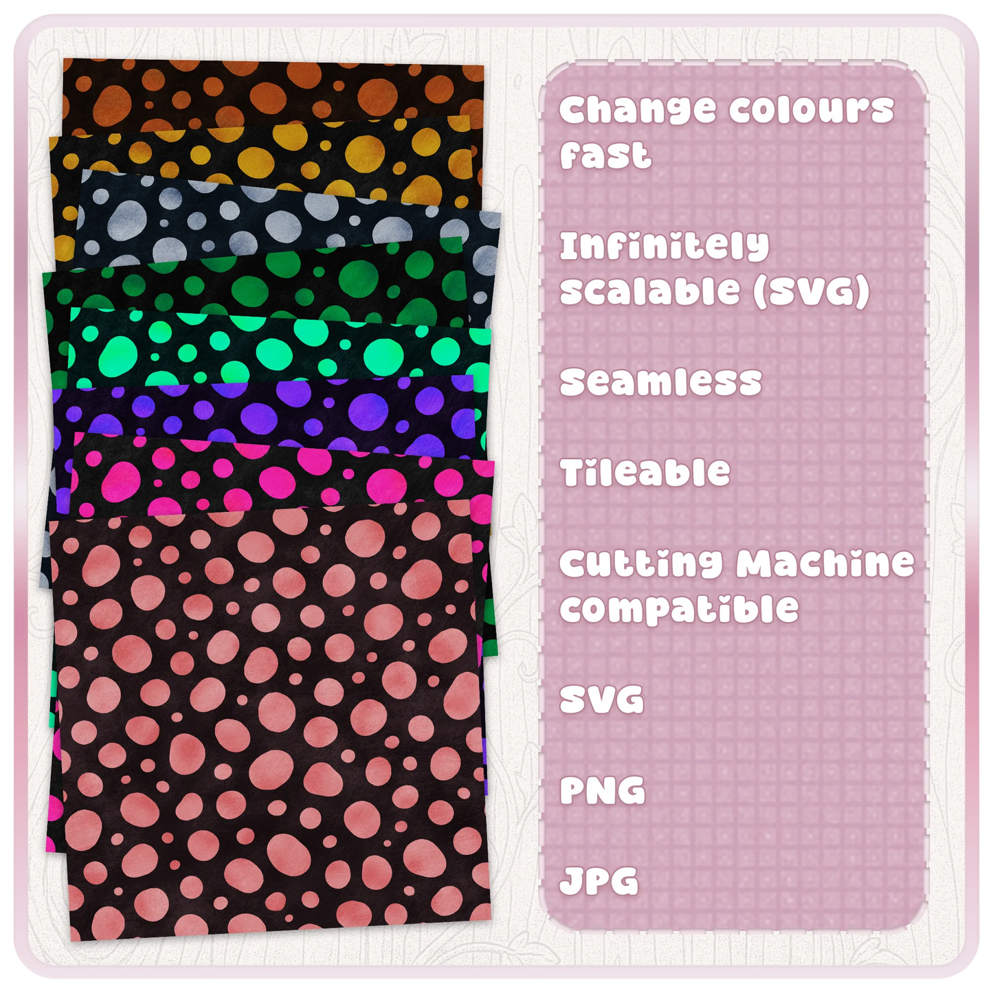 Dalmatian animal print seamless pattern colour examples showing recolourable spotted SVG design for crafts, sublimation and digital projects