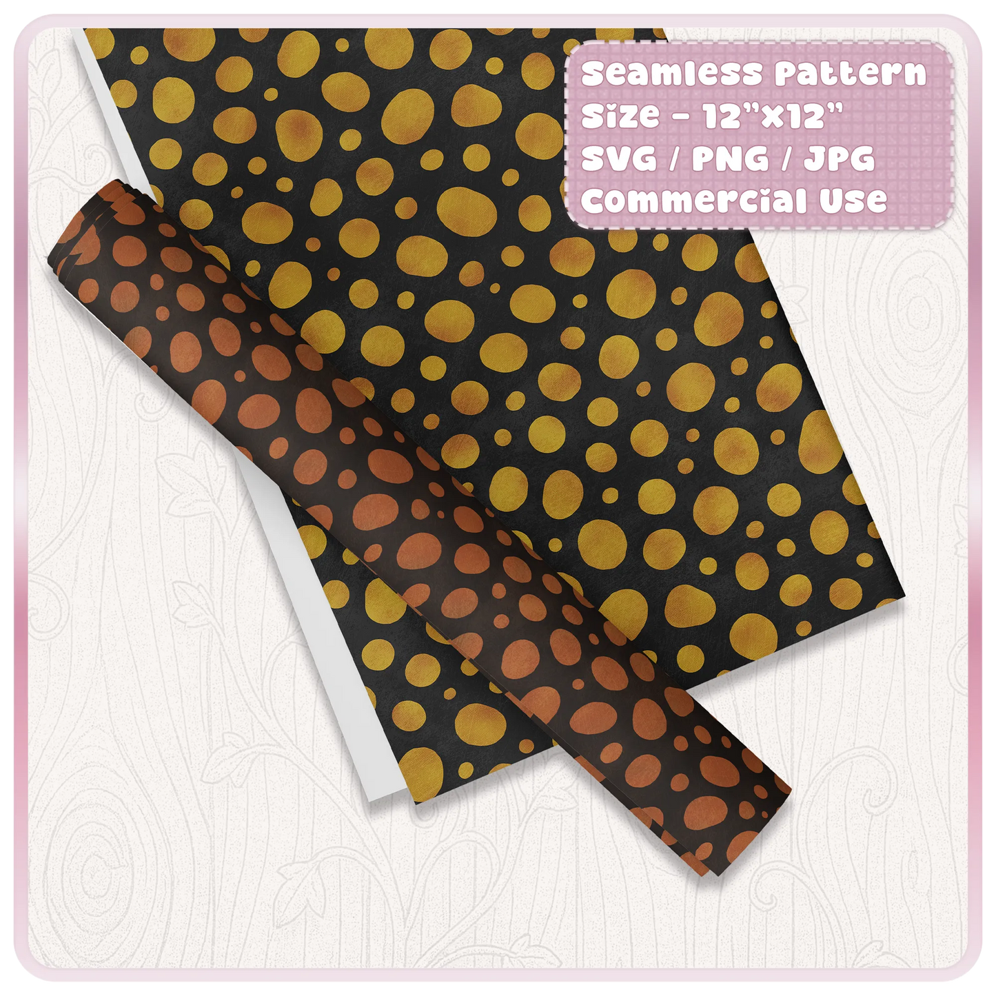 Seamless Dalmatian spot pattern mockup on printable paper and rolled wrap showing gold and brown animal print colour examples
