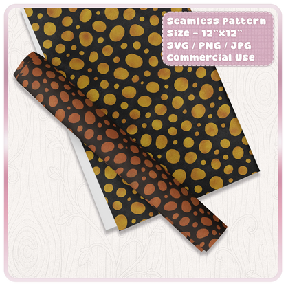 Seamless Dalmatian spot pattern mockup on printable paper and rolled wrap showing gold and brown animal print colour examples