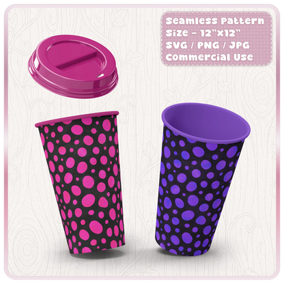 Dalmatian animal print seamless pattern used on travel cup mockups with pink and purple spotted designs for sublimation and craft projects